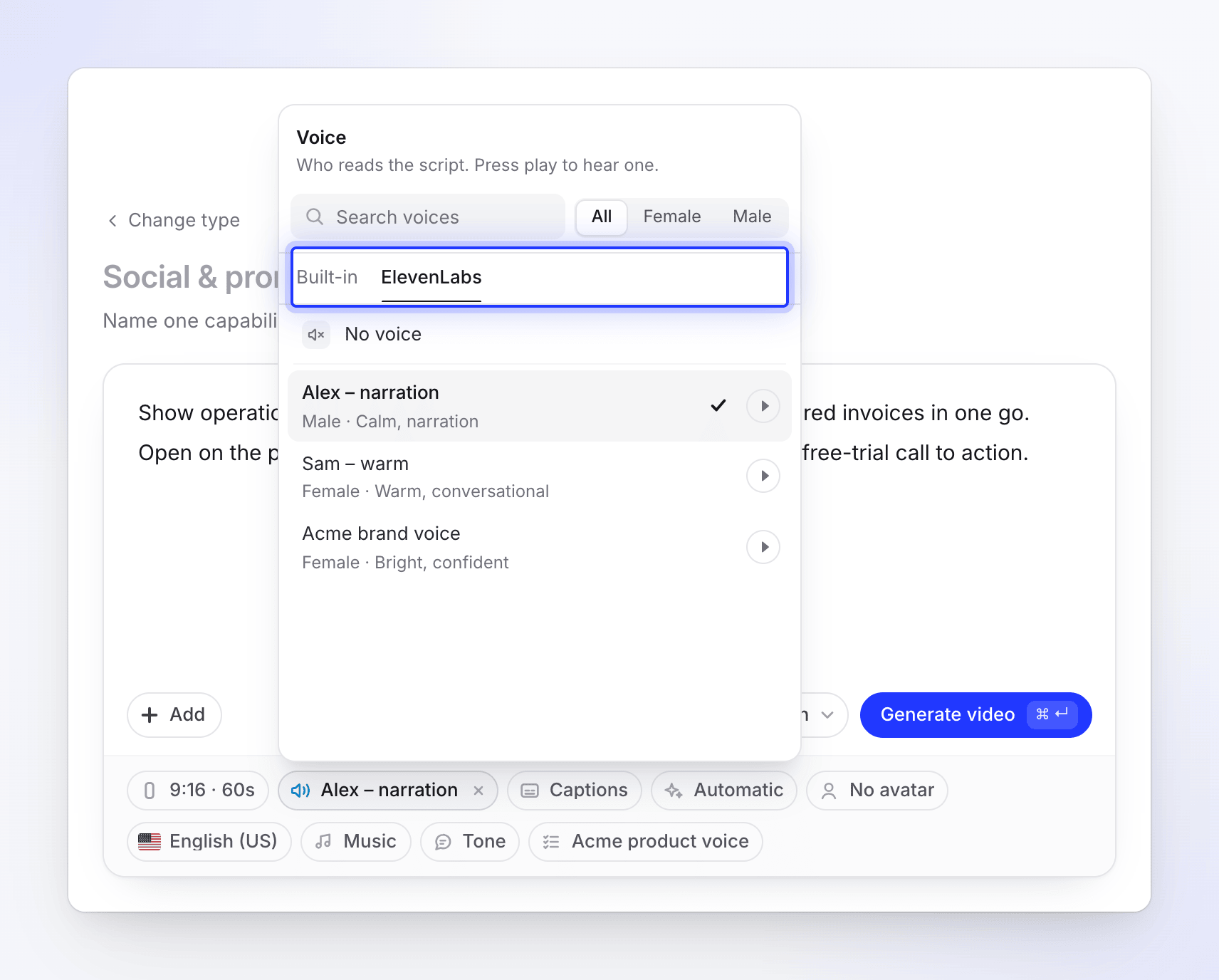 The ElevenLabs tab of the Voice menu listing voices from a connected account