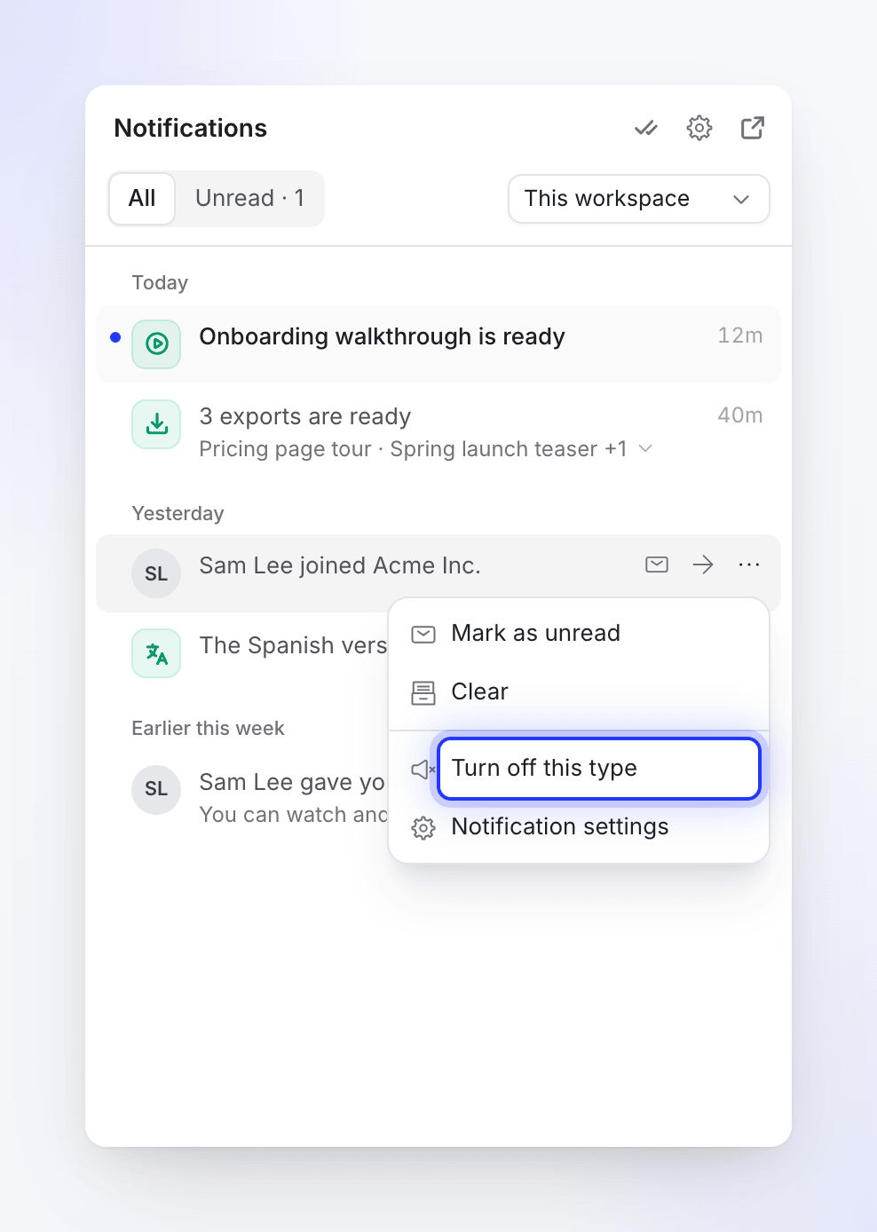 A notification's menu with Mark as unread, Clear, Turn off this type and Notification settings