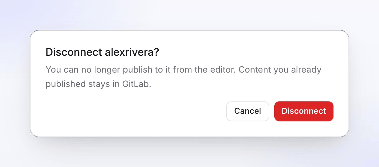 Die Bestätigung vor dem Trennen von GitLab, mit „Abbrechen“ und „Trennen“