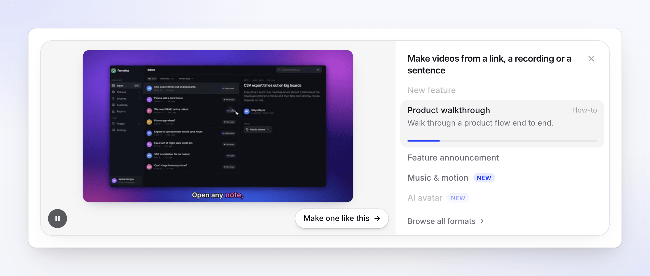 The New in Clevera banner on Home: a sample video playing on the left, the list of video types on the right with Make one like this and Browse all formats