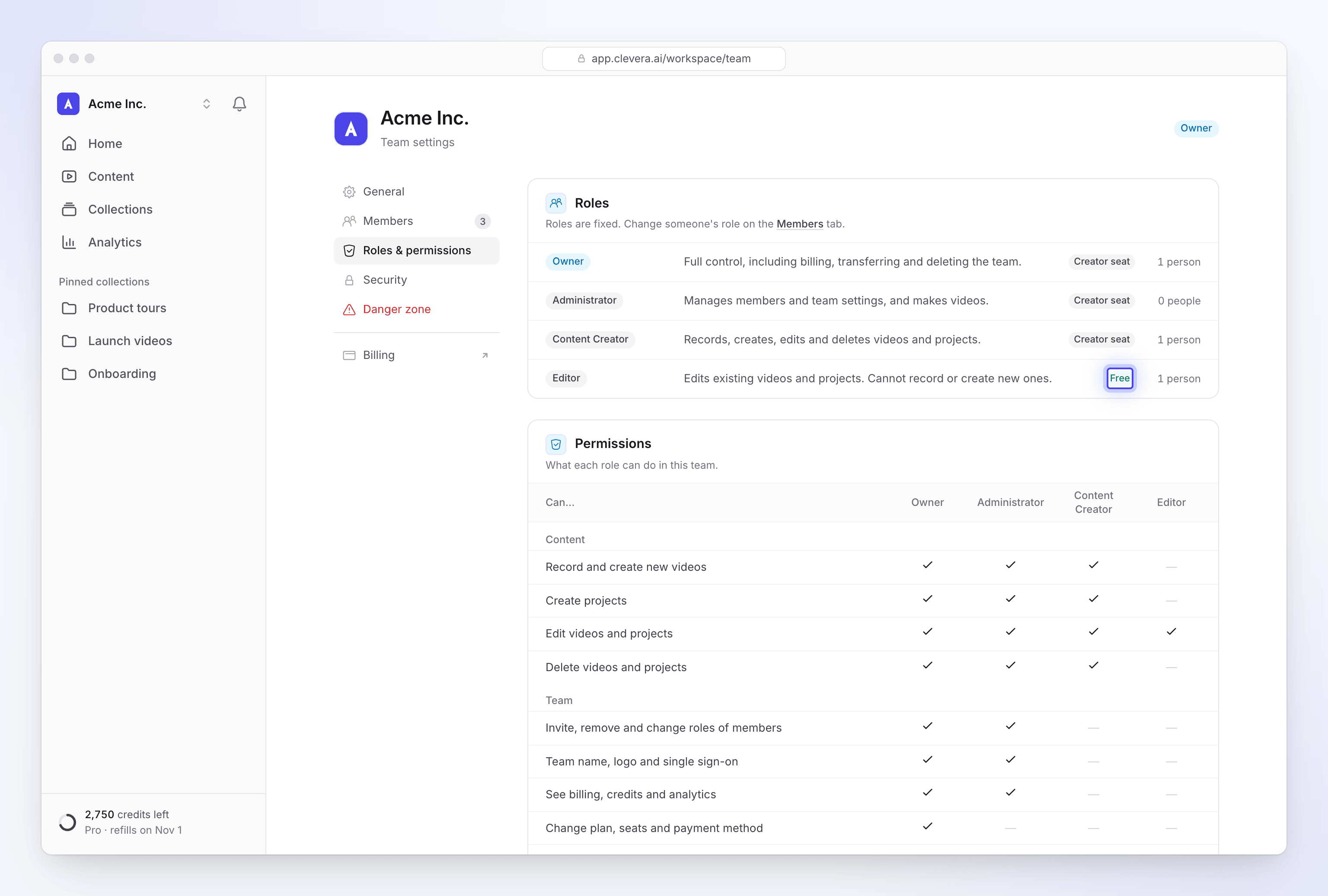 The Roles & permissions tab with the four roles and the permissions table