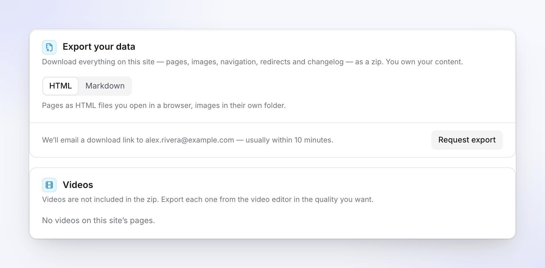 Settings, Export your data: HTML or Markdown, Request export emailed to alex.rivera@example.com, and the Videos note