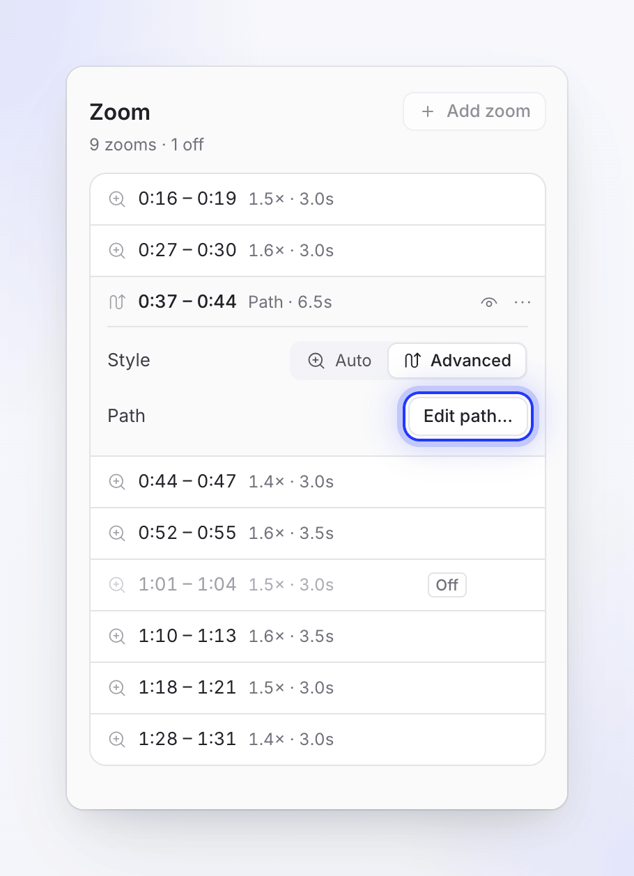 The Zoom tab with a zoom set to Advanced, showing Path 6.5s in the list and the Edit path button.