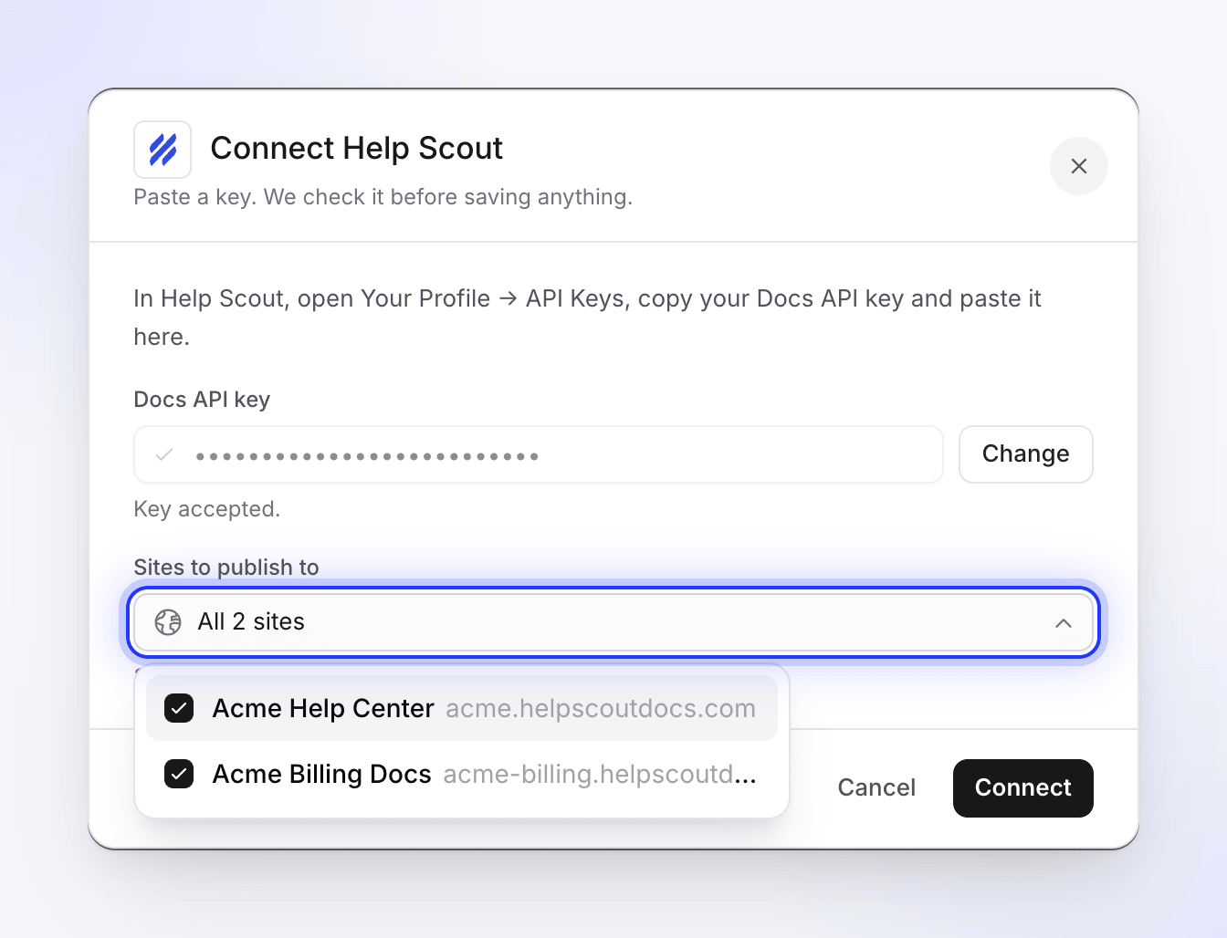 Choosing which Help Scout Docs sites to publish to, with both sites ticked