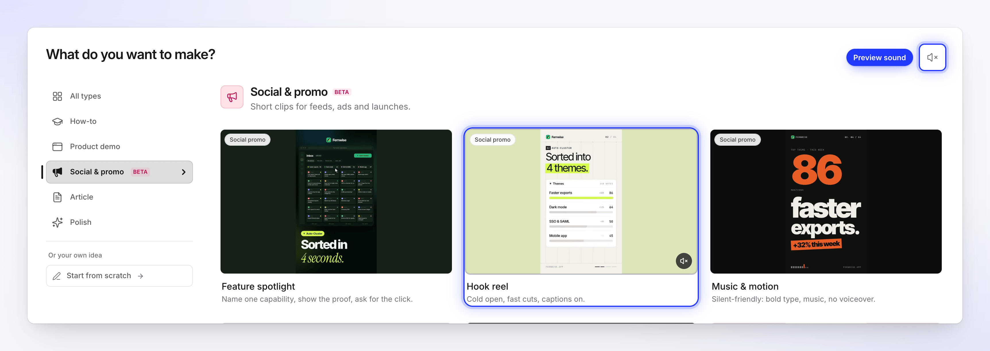 Una card Reel di aggancio che riproduce la sua anteprima nell'elenco Social e promo, con il pulsante dell'audio di anteprima nell'angolo in alto a destra della pagina