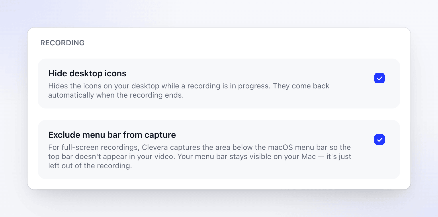 The Hide desktop icons and Exclude menu bar from capture settings turned on.