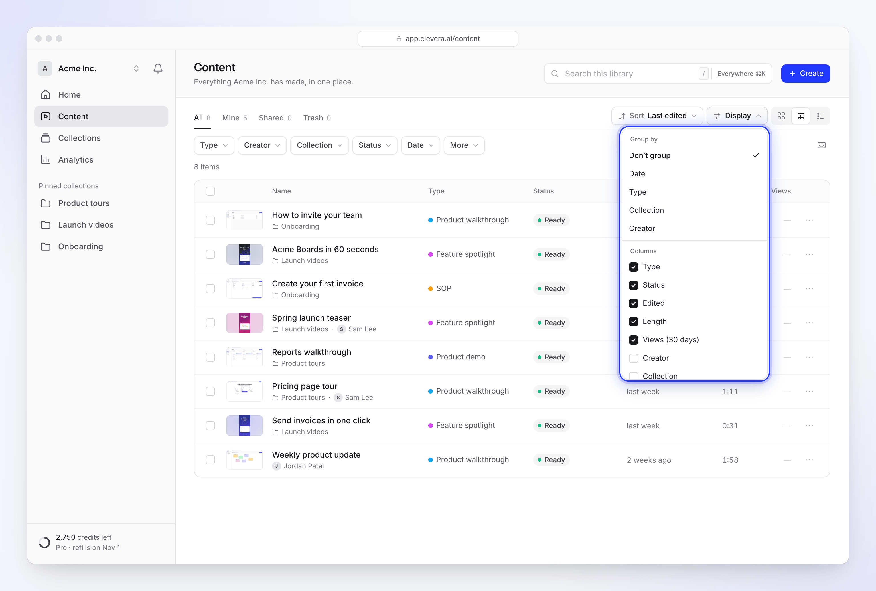 The Display menu over the table view with Group by and Columns options
