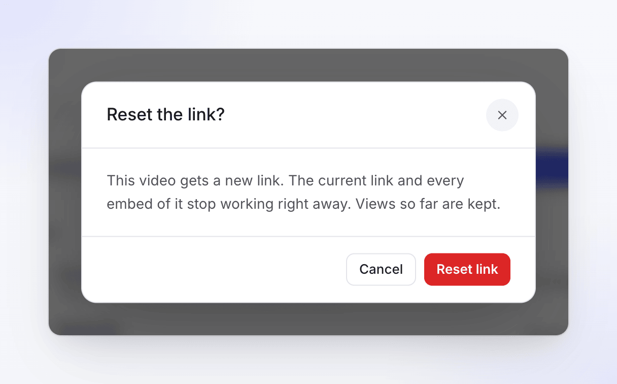 The confirmation Reset the link? saying the current link and every embed stop working, with Cancel and Reset link.