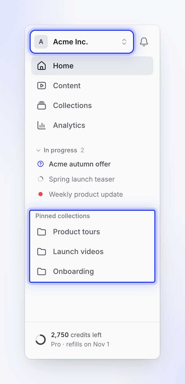 The Clevera sidebar with the Acme Inc. workspace button, four pages, videos in progress and three pinned collections