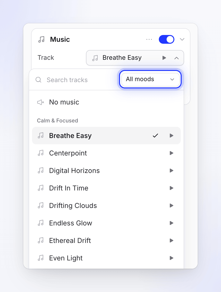 The music picker with its mood filter and tracks grouped by mood.