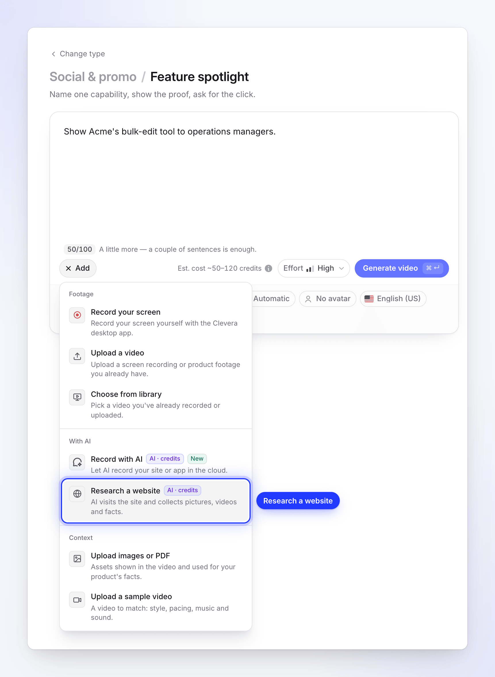 The Add menu on Compose with Research a website highlighted in the With AI group