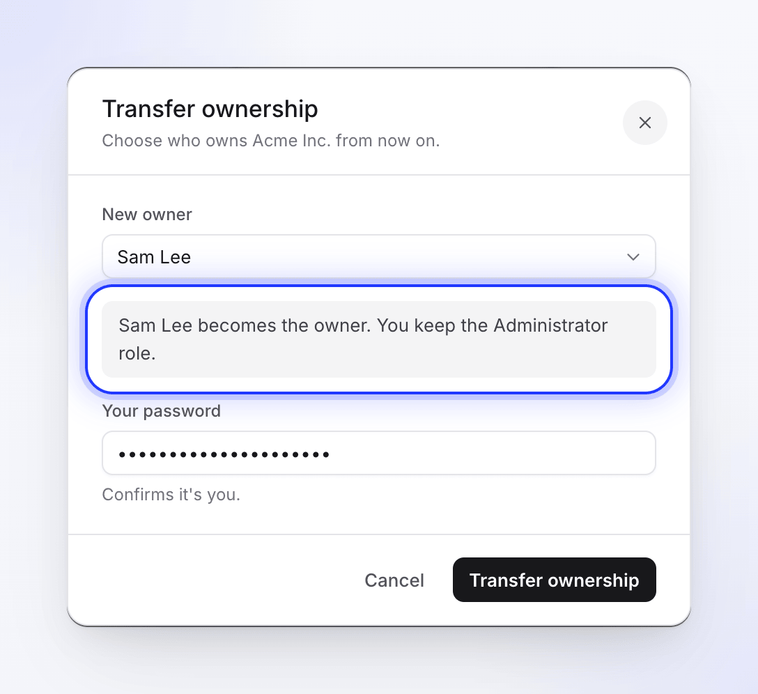 The Transfer ownership dialog with Sam Lee chosen as the new owner