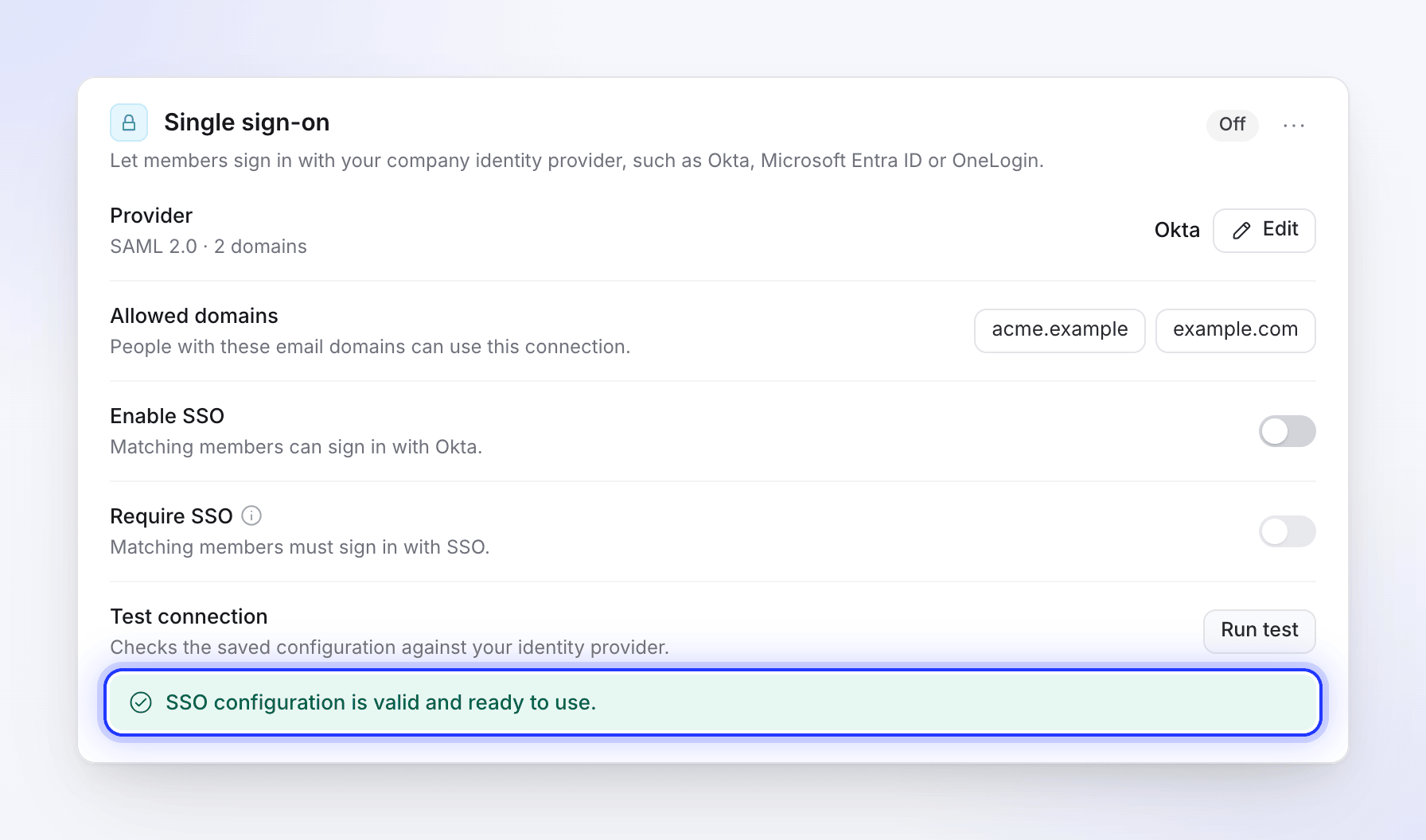 The Single sign-on card after a passing test, with Enable SSO still off