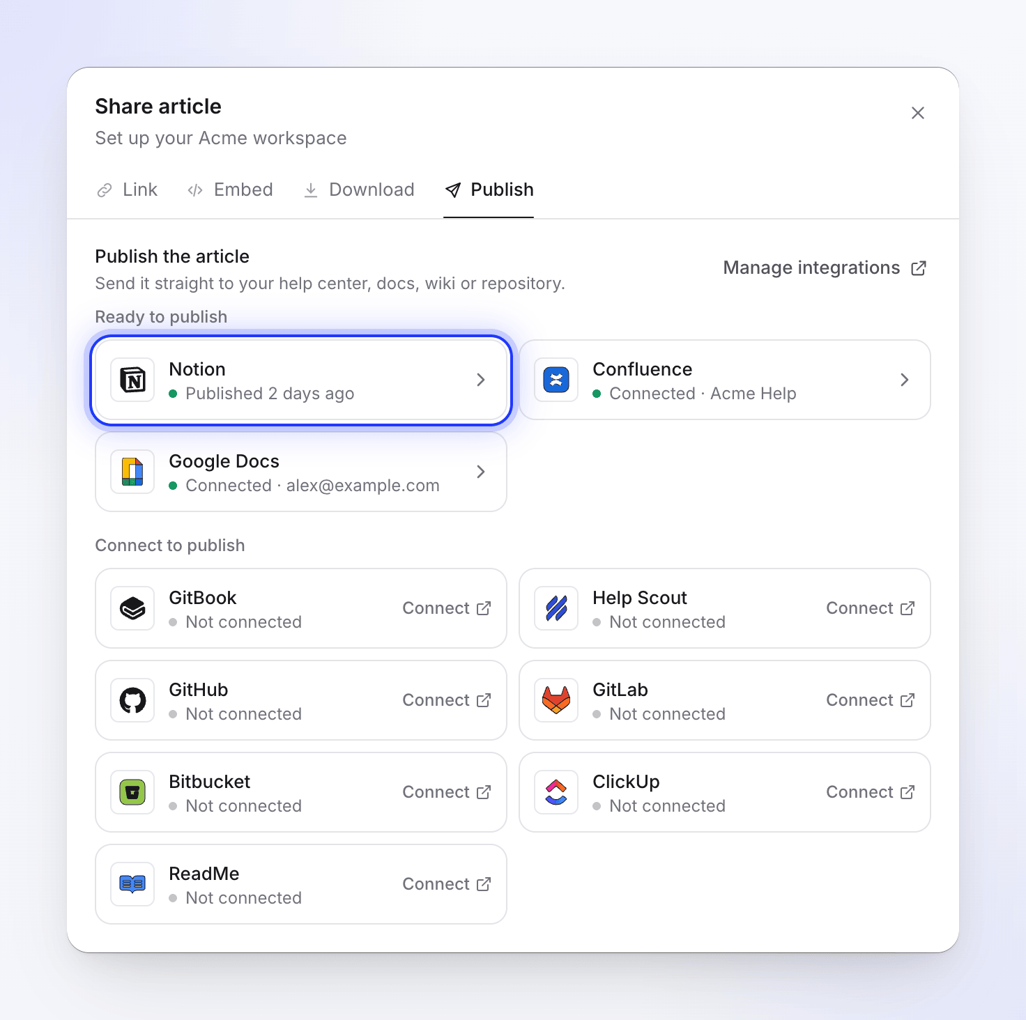 La pestaña Publicar con Notion publicado hace 2 días, Confluence y Google Docs listos para publicar y otras herramientas para conectar